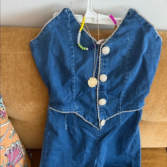 Denim Jumpsuit with Rhinestone Trim - Picture 2 of 9